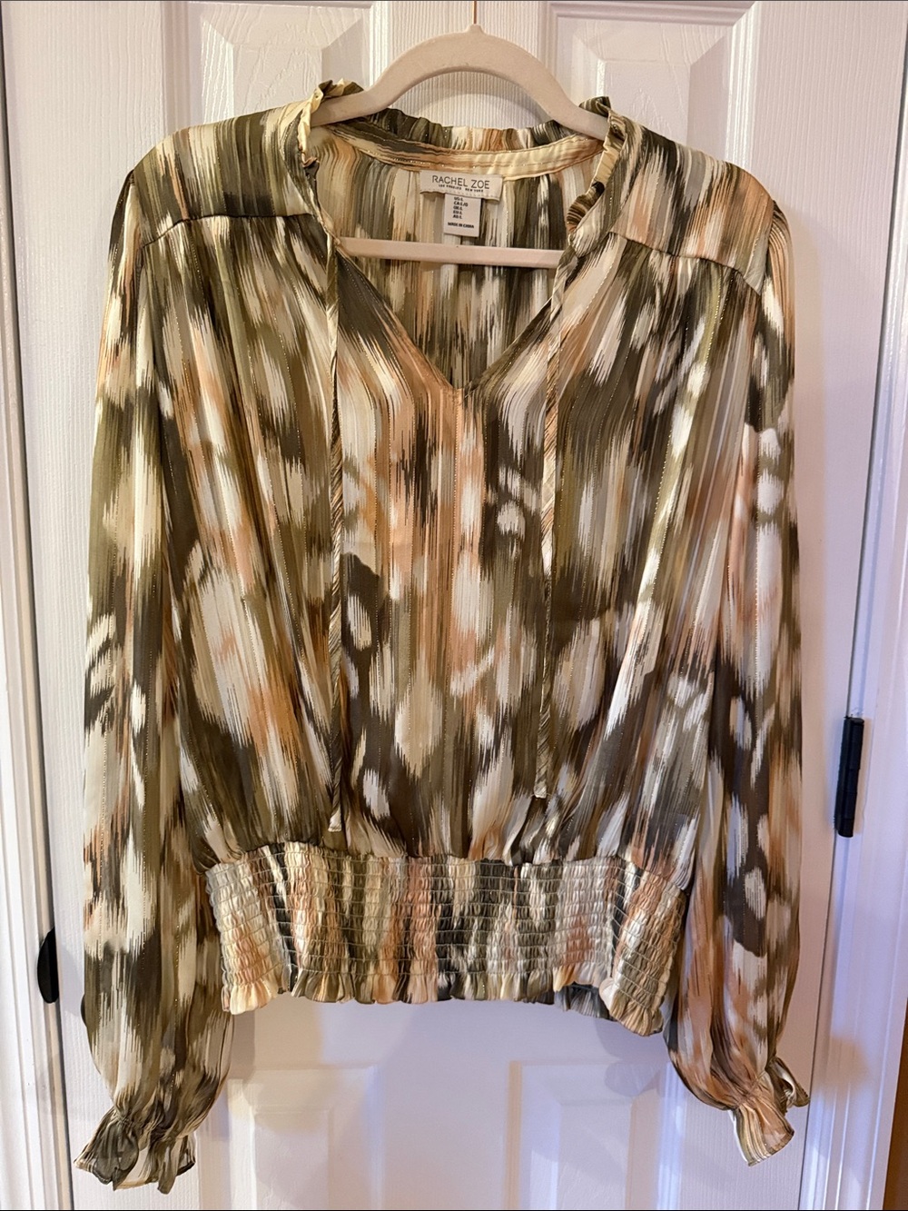 Rachel Zoe Olive and Tan Abstract-Print V-Neck Blouse